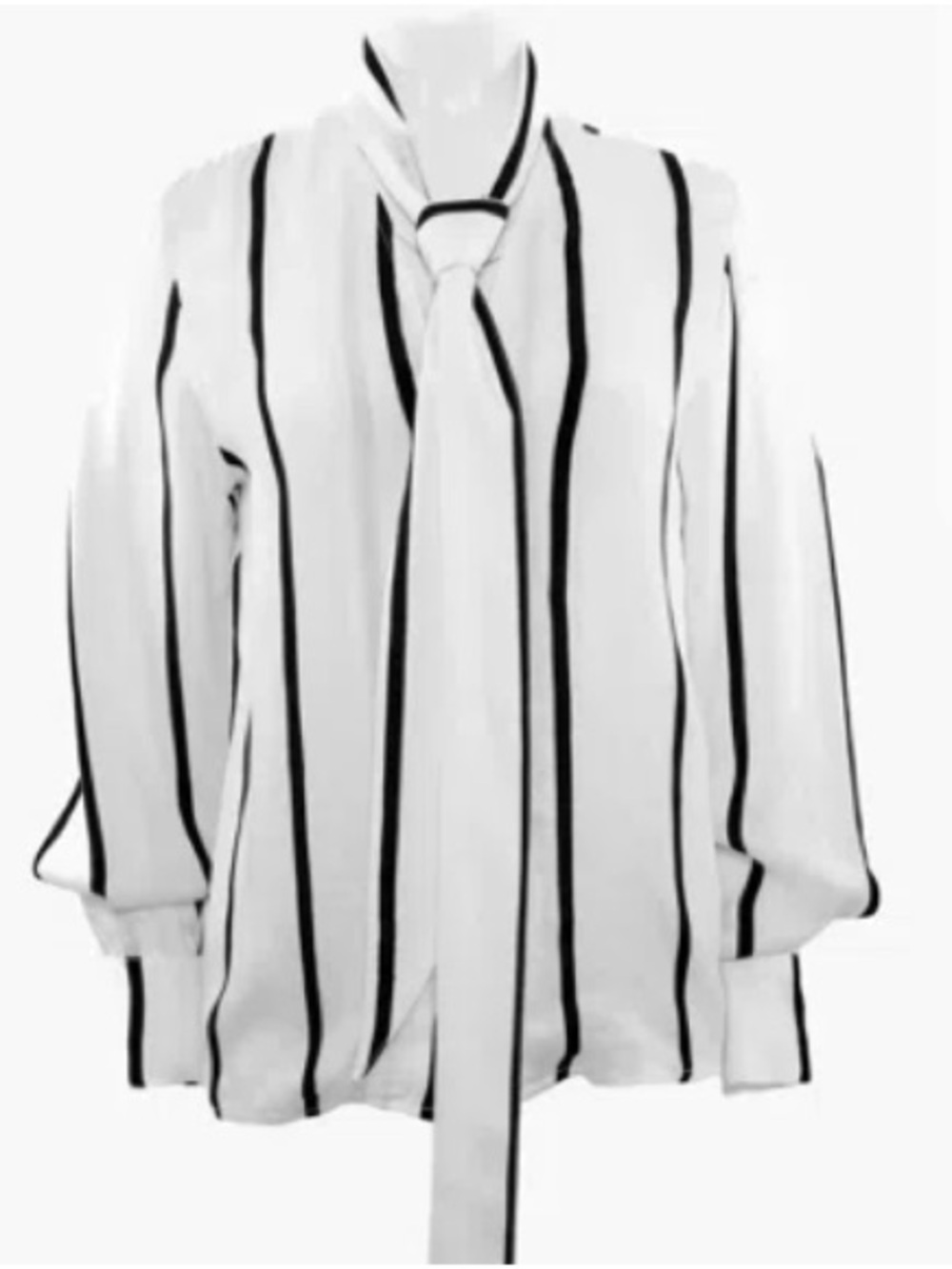 Women’s White Blouse with Black Vertical Stripes and Tie Neck